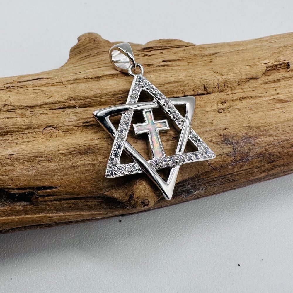 Sterling Silver Star of David Lab Opal Cross CZ Pendant - Picture 2 of 7